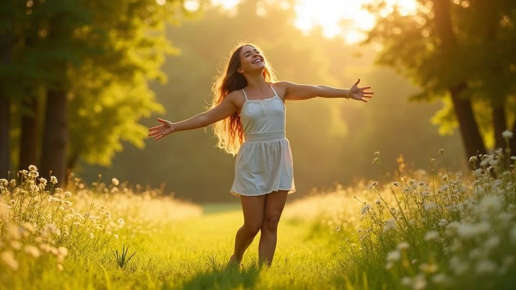 Joyful person grounding barefoot in the grass, energy protection for empaths outdoors, bright sun and lush green park background