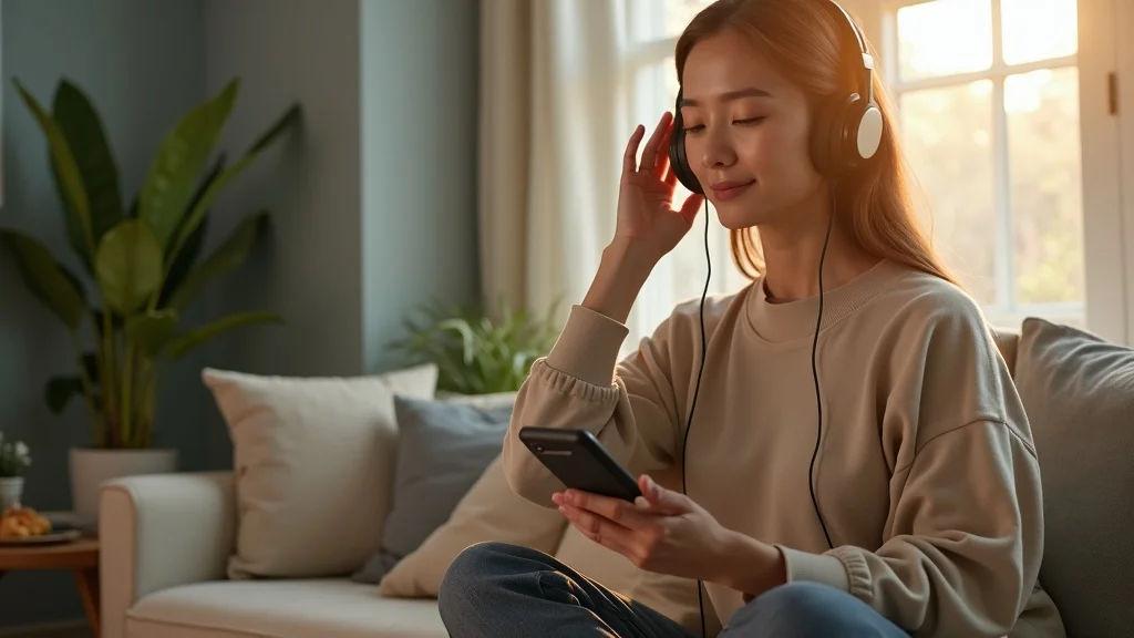 Focused adult using headphones for guided morning meditation in a sunlit cozy home, emphasizing calm and focus