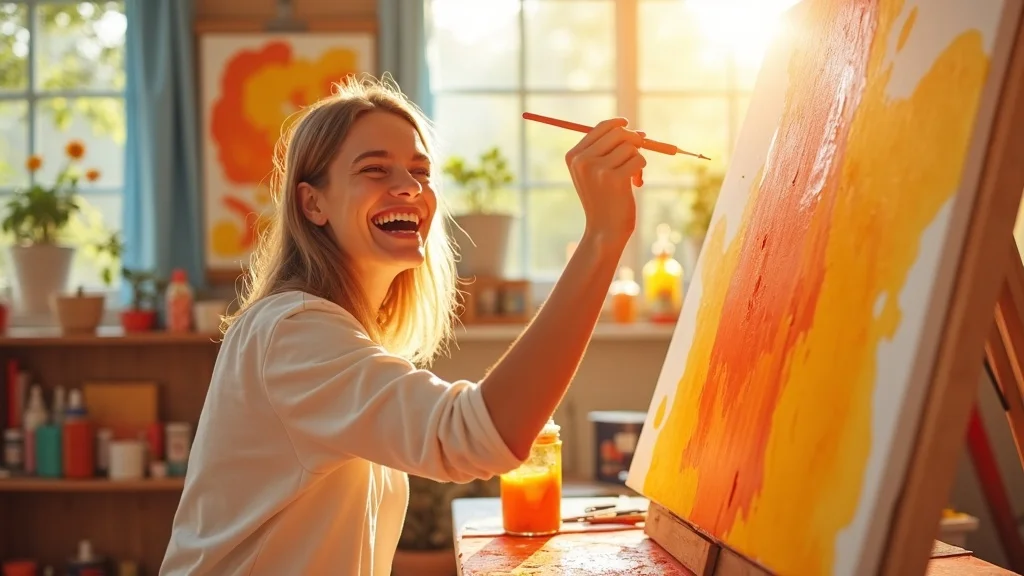 Joyful adult painting in a sunlit studio with vivid orange and yellow colors, expressing sacral chakra creativity.