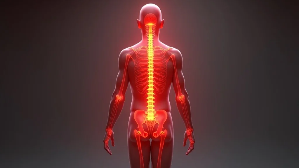 Root chakra physical connection showing lower spine, legs, adrenal glands in red glow, overlayed on human anatomy for root chakra understanding