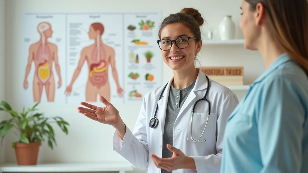 Professional nutritionist explaining anatomy chart of digestive system with solar plexus chakra highlighted
