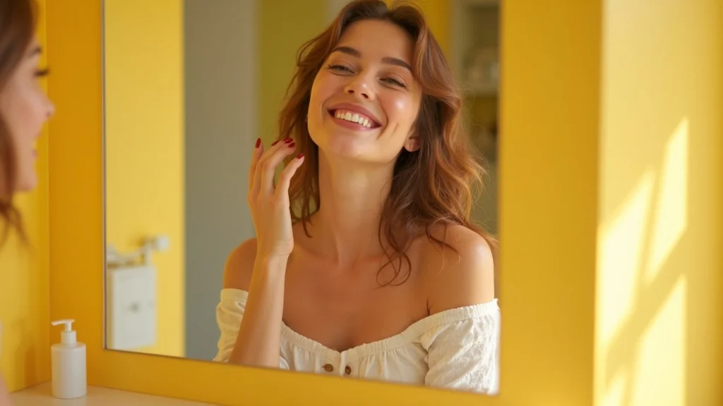 Confident individual, joyful smile, looking into mirror with proud posture, sunbeam reflections highlighting solar plexus area