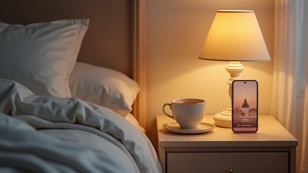 Bedside table with meditation app, herbal tea, and nightlight for sleep meditation tips