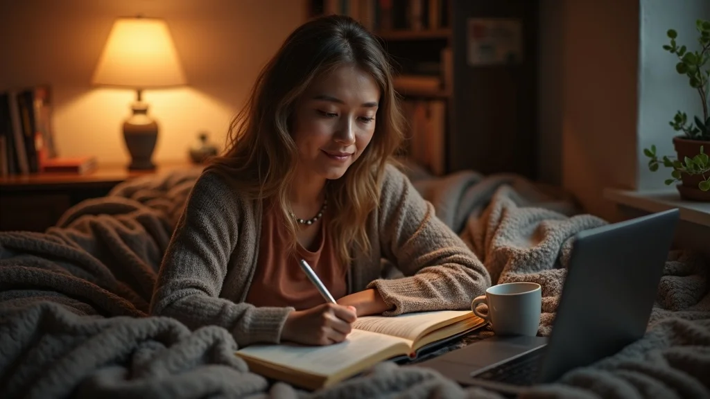 Mature adult journaling as part of a successful digital detox for mental clarity at home