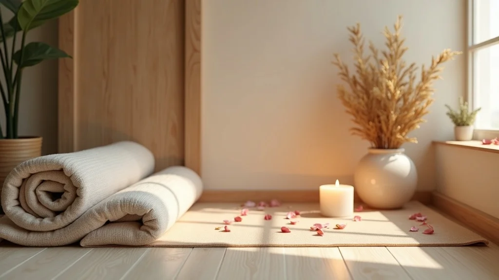 body scan meditation inviting space, yoga mat and blanket with candle, organized room corner, natural wood, flower petals, soft ambient lighting