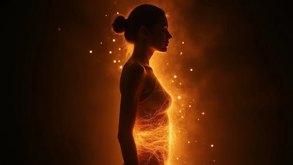 Metaphorical image of energy blockages—tangled orange energy overlaying a thoughtful person’s lower abdomen against a dark gradient background.
