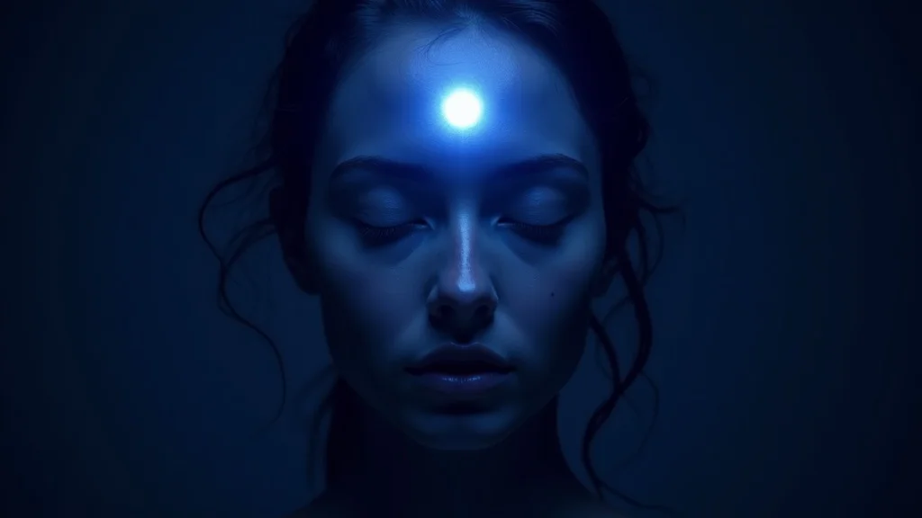 Serene meditation with glowing indigo third eye chakra, beginner visualization