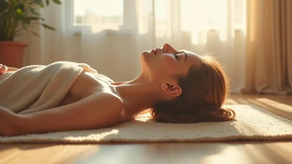 body scan meditation practice, person lying on mat, eyes closed, relaxed hands at sides, light blanket, soft daylight, pastel colors, gentle morning
