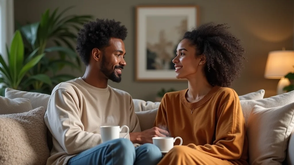 Two individuals discussing spiritual awakening or burnout with caring, supportive expressions in a cozy setting