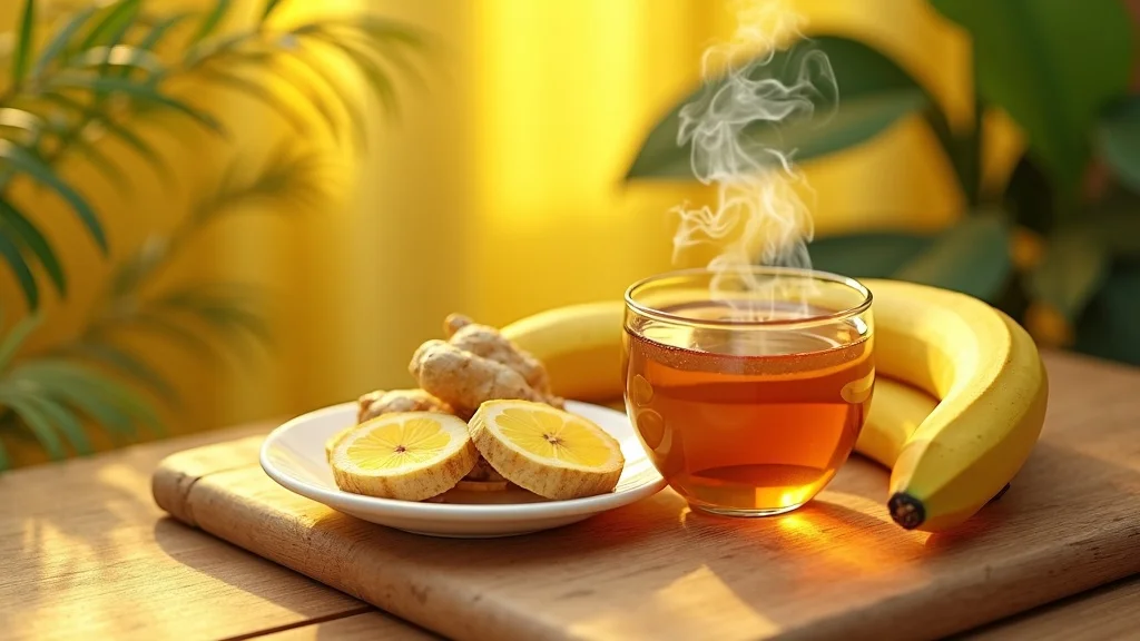 Healthy breakfast with bananas, ginger slices, chamomile tea, sunlit kitchen, green plants