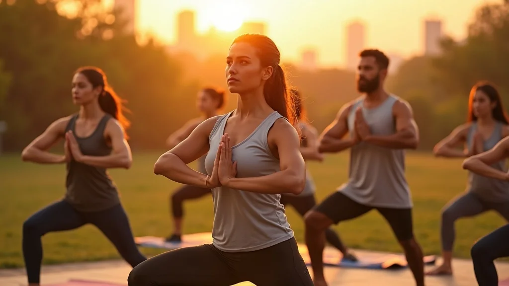 Diverse group practicing morning yoga, performing Warrior I pose outdoors at sunrise, highlighting solar plexus activation