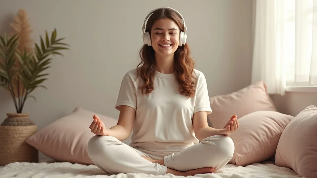 Calm meditation instructor with headphones guiding a meditation session in a cozy living room.
