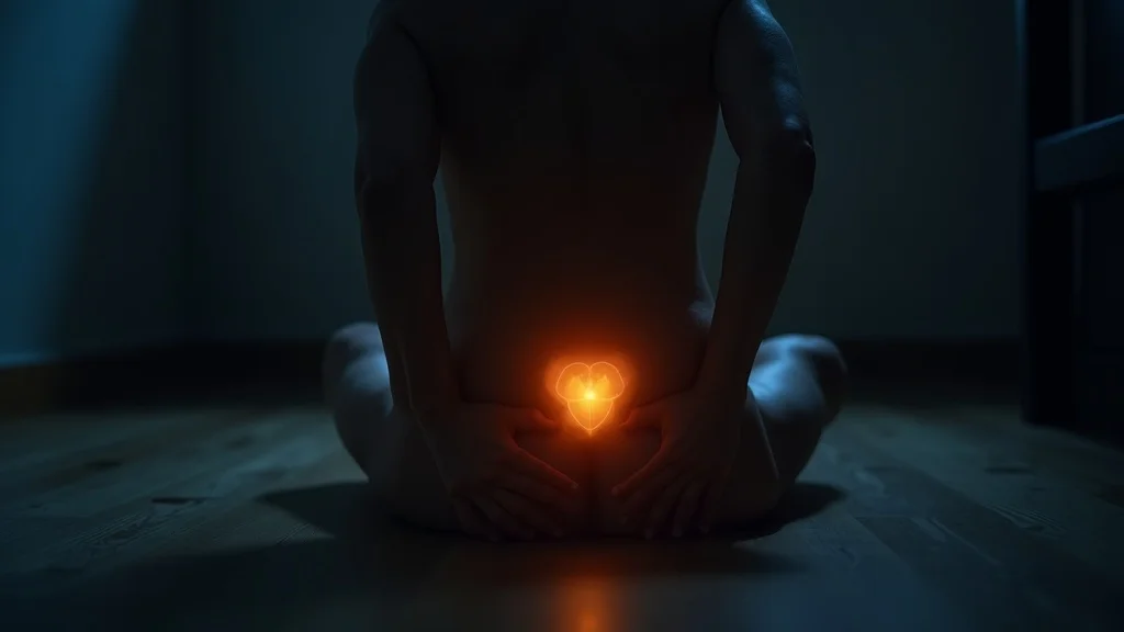 Evocative image representing stored emotional trauma—person reaching toward a glowing sacral region in a dimly lit room, showing deep emotional intensity.