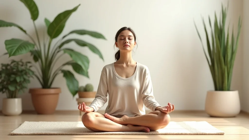 Serene individual meditating in a sunlit minimalist room, supporting spiritual awakening with mindfulness