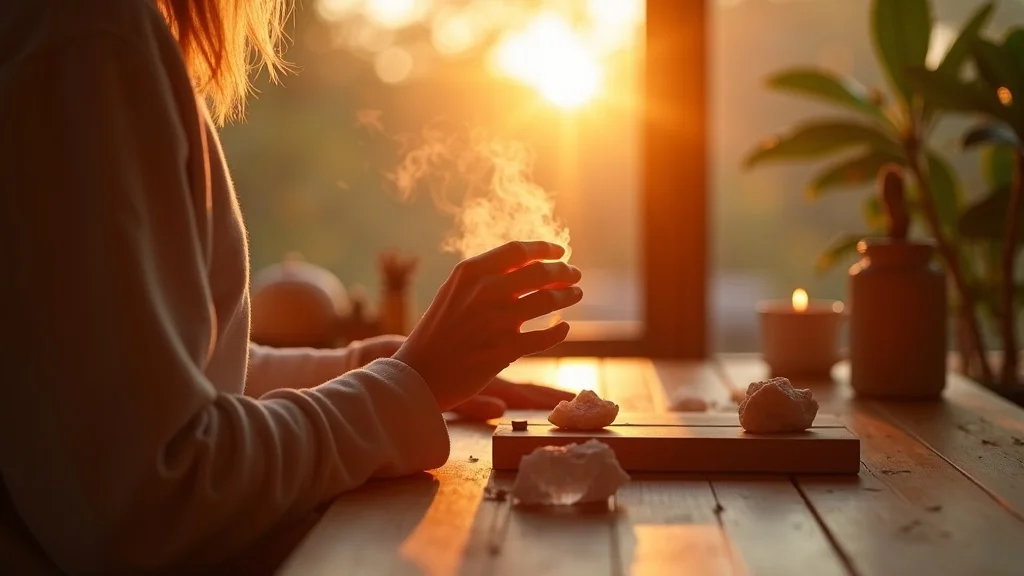 chakra healing morning ritual, person lighting smudge stick or arranging crystals, gentle sunrise through window