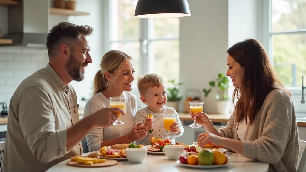 Multigenerational family enjoying a healthy breakfast, sharing a holistic morning routine in a bright kitchen