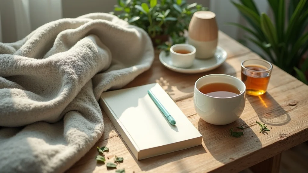 Flat lay of relaxation tools for nervous system reset including weighted blanket, oil diffuser, journal, and herbal tea