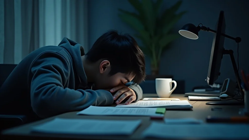 Young adult slumped at work desk, exhausted from burnout, with cluttered workspace and dim lighting