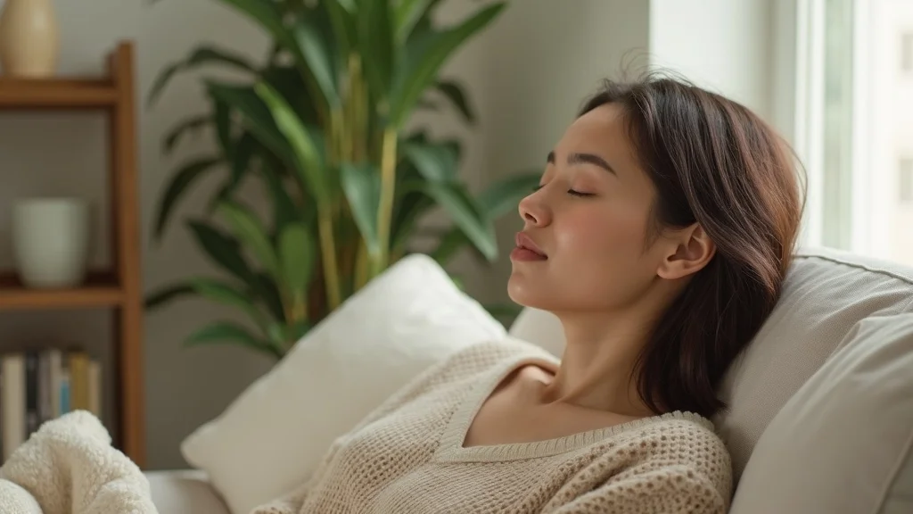 body scan meditation in a calming contemporary home interior, adult sitting relaxed on couch, serene atmosphere, minimal living room, soft lighting, greenery, ultra-realistic detail