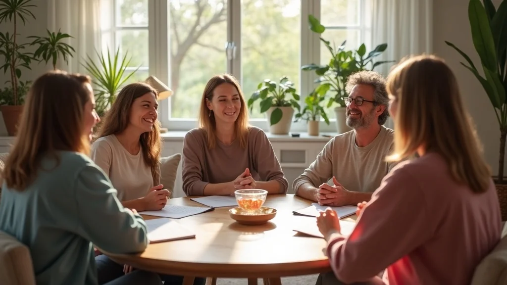 chakra healing faq discussion, diverse group talking around coffee table in bright living room, crystals and notes visible