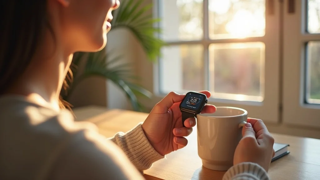 body scan meditation daily routine, person checking meditation app on smartwatch after session, tidy workspace, mug, notebook, sunlit, natural wood and pastel accents