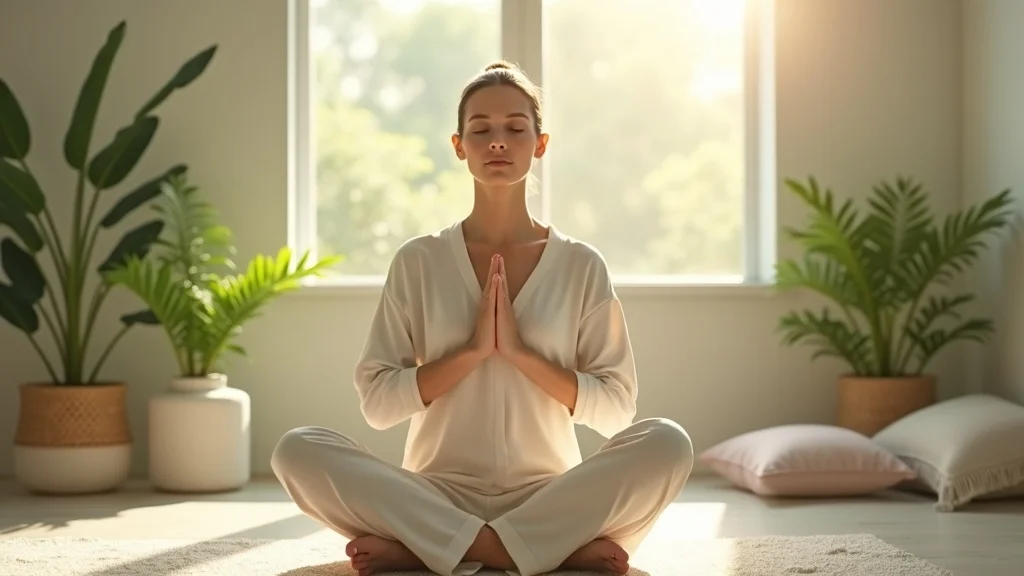 Serene woman practicing meditation, heart chakra opening with peaceful expression in a sunlit room with green plants