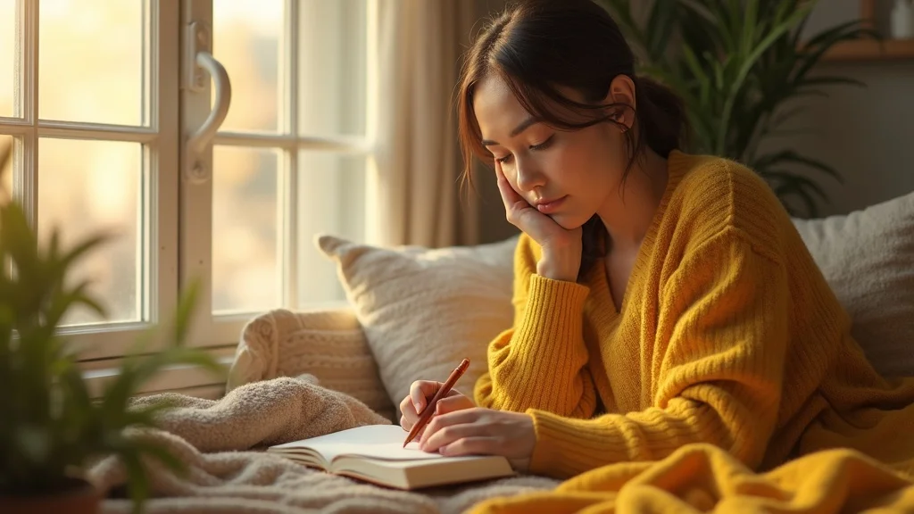 Introspective woman journaling, sitting by sunlit window, yellow throw blanket, soft golden hour sunlight