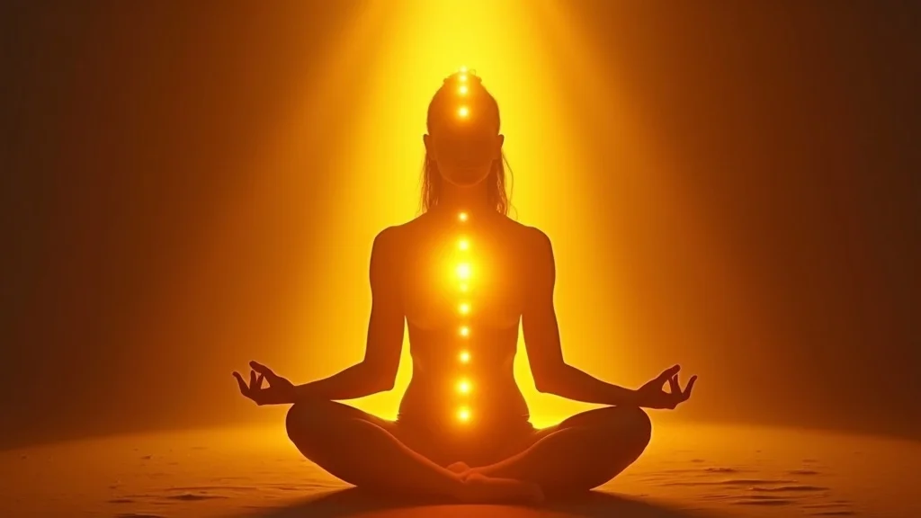 Empowering yoga pose with yellow glow at solar plexus for energy and confidence