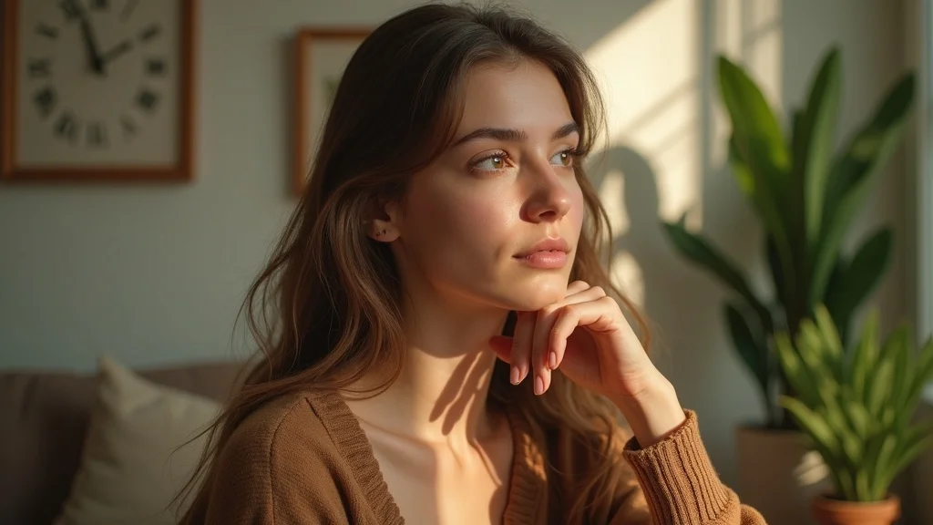 Warm photorealistic portrait of an empathic young adult practicing energy protection for empaths, calm confidence in a cozy living room setting with plants and natural textures