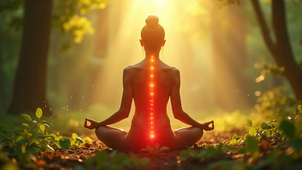 Root chakra energy visualization showing calm focus and meditative seated pose surrounded by subtle red glow at the base of the spine, capturing the root chakra in a serene, nature-focused setting