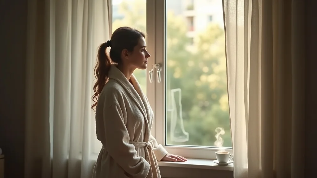 Contemplative adult enjoying morning meditation routine by window, setting intention for a focused day