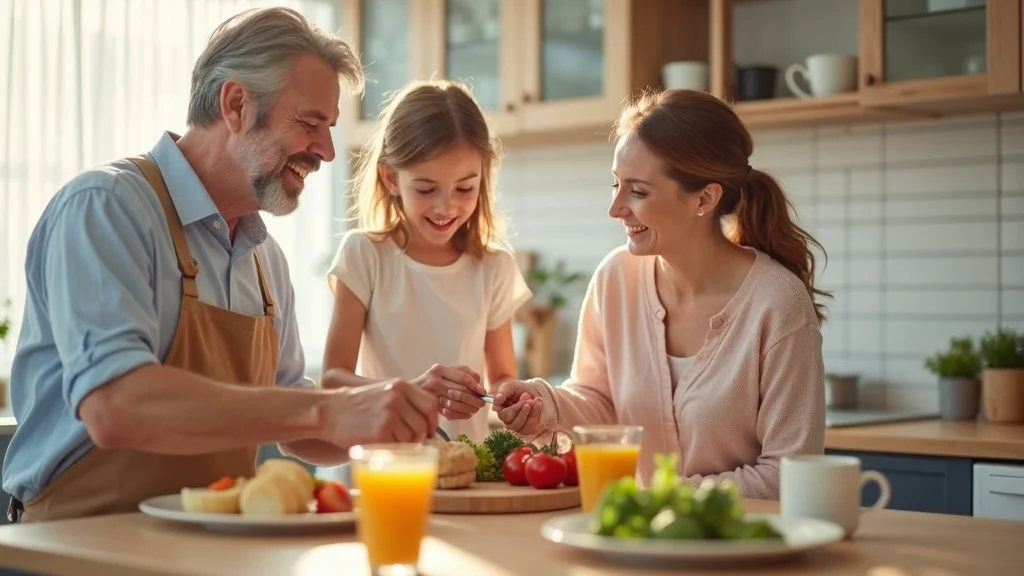 Sunlit breakfast with focus on hydration as part of a holistic morning routine, encouraging a positive start to the day