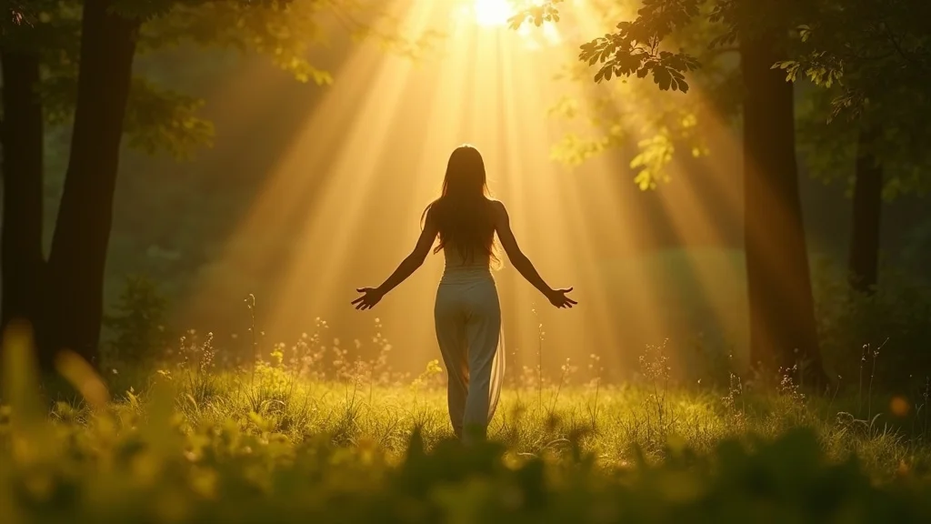 spiritual growth enlightened individual practicing mindfulness in nature, surrounded by sunlit trees and serenity