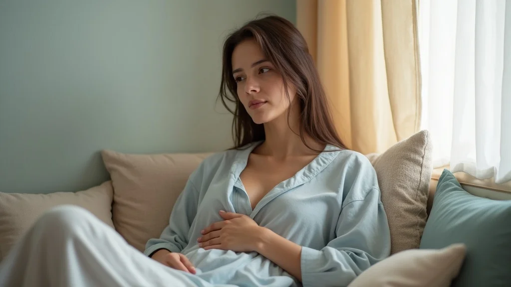 scan meditation focused on breath, individual with hand on chest and stomach, cozy nook, soft cushions, indirect daylight, realistic detail