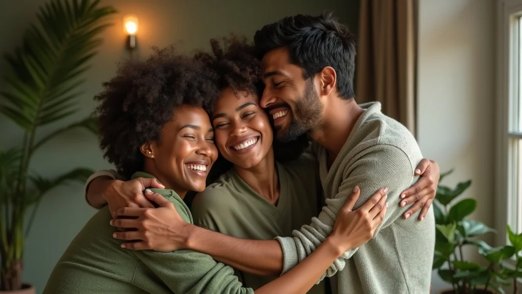 Diverse group embracing and smiling, symbolizing the joy of heart chakra opening