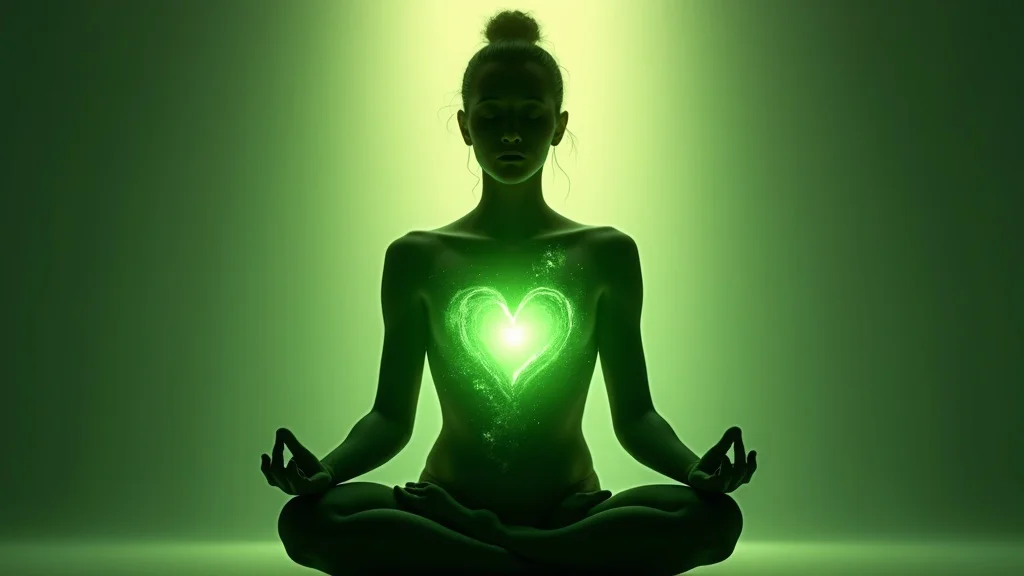 Illustrative human silhouette highlighting the green heart chakra energy center during meditation