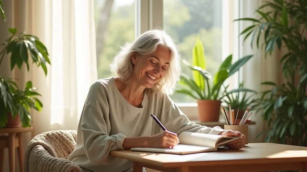 Mature person reflecting on nervous system reset benefits while journaling by a sunlit window with plants