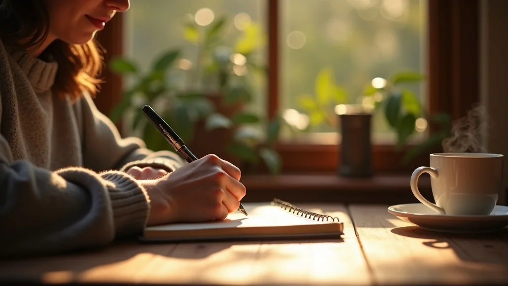 Content person journaling after morning meditation routine in sunny kitchen, smiling and focused