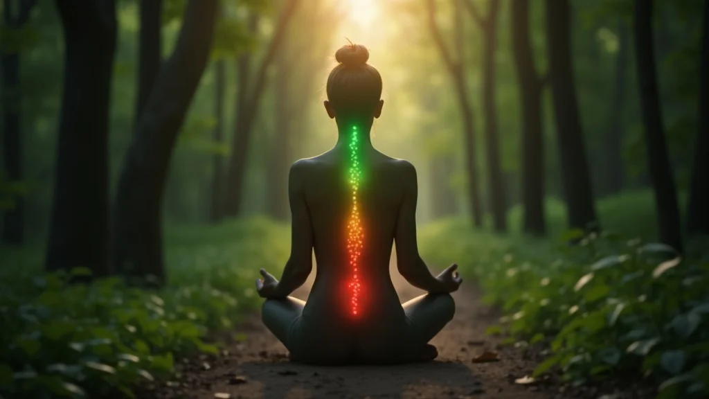 Energy flow visual between root and heart chakras with glowing red and green lights on spine, symbolizing their crucial connection