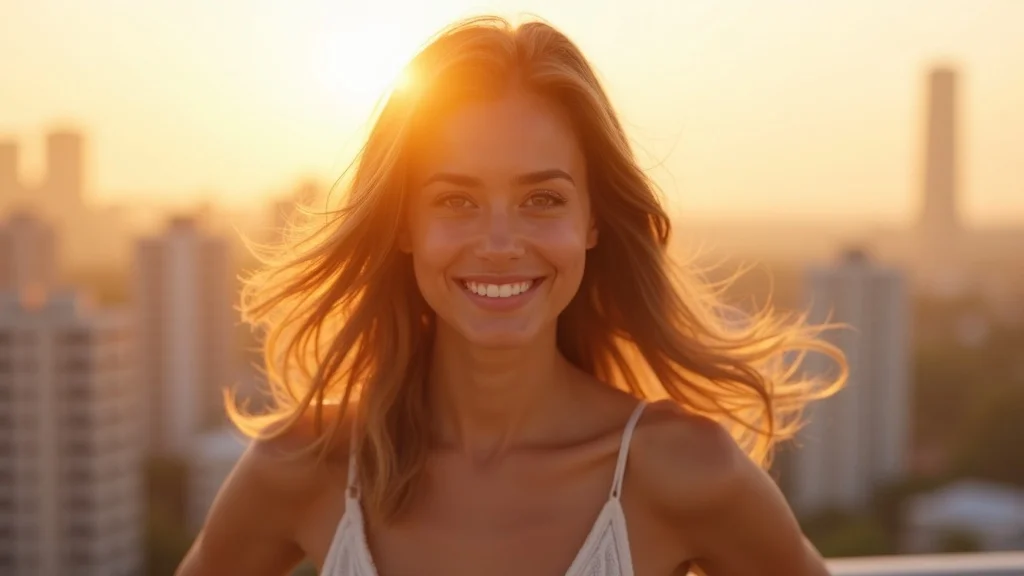 Radiant, confident empath standing tall at golden hour, empowered energy protection for empaths, gentle smile and warm city sunset background