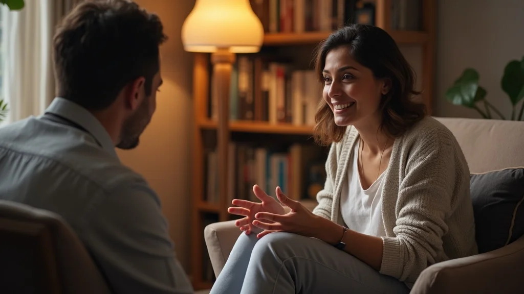 Kind therapist with empathetic posture listening to adult client, supporting those facing spiritual awakening or burnout