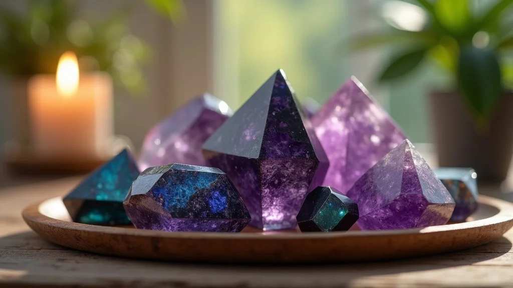 Close-up of black tourmaline, amethyst, and labradorite on a wooden tray for energy protection for empaths, with sunbeam glints, meditation space in soft focus