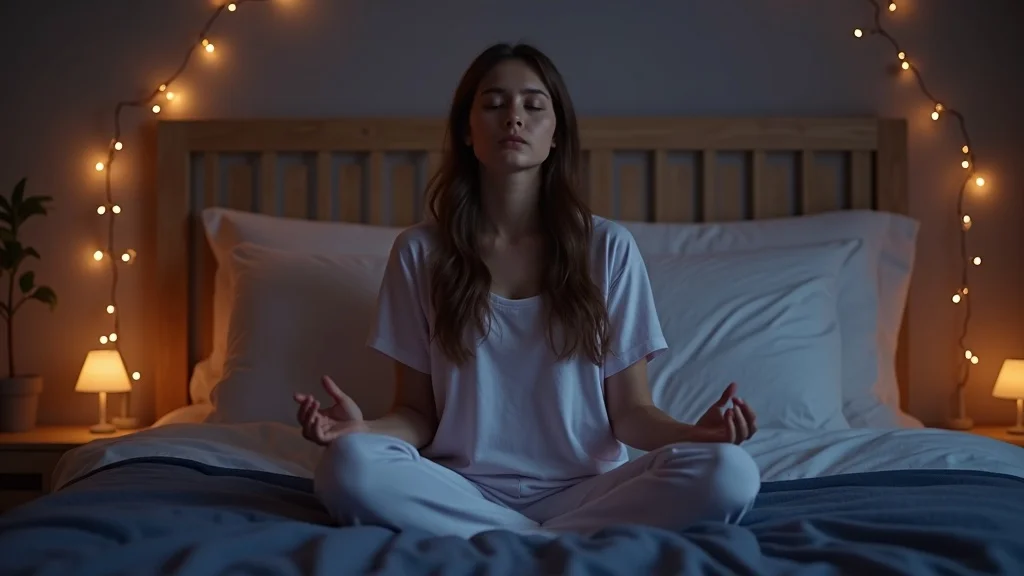 Young adult practicing mindfulness meditation in bed to improve sleep, tranquil modern bedroom, calming ambiance