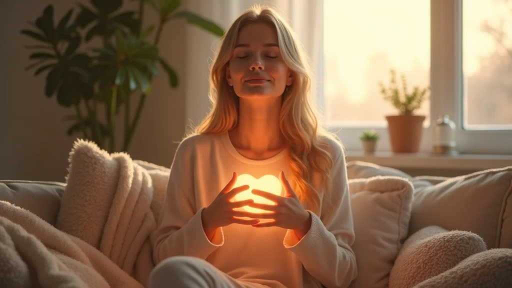 visualization technique woman visualizing future with glowing aura, practicing positive thinking for mindful manifestation in a cozy space