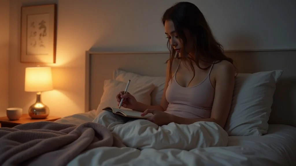 evening mindfulness reflection calm person journaling in a cozy bedroom, integrating gratitude and spiritual growth nightly