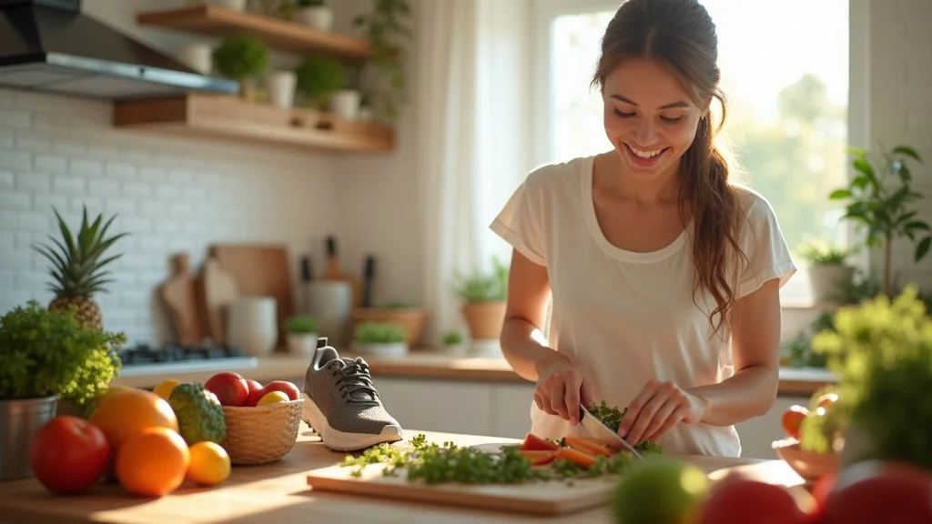 physical wellbeing in holistic wellness, person preparing healthy meal and lacing up running shoes in a sunlit kitchen