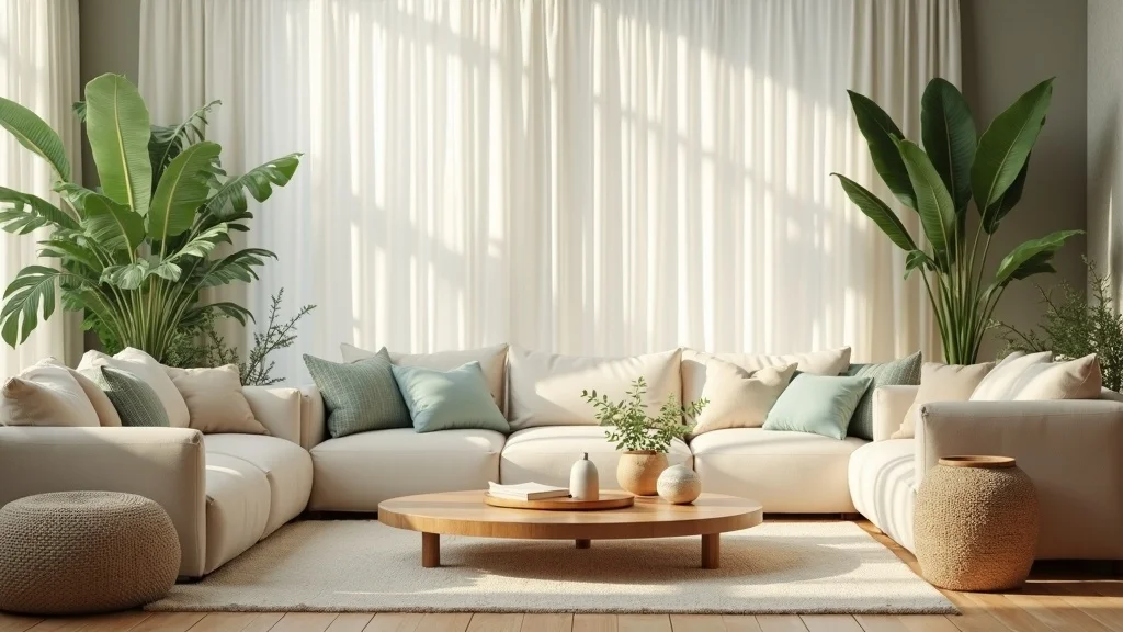 Cozy harmonious living room designed for energy protection for empaths, plants, crystals, soft sunlight and peaceful décor, afternoon light