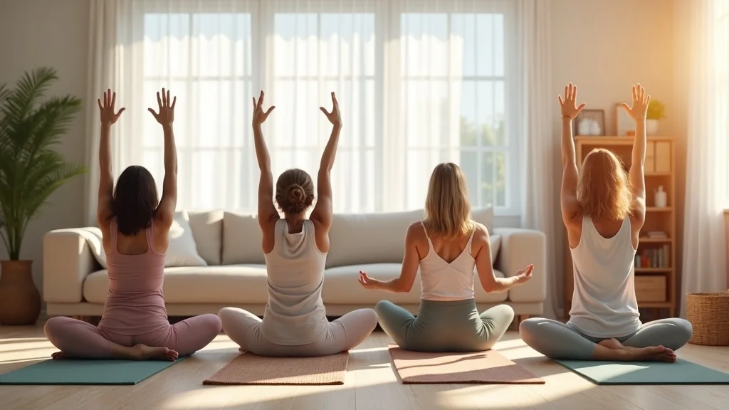 Diverse group of beginners in home yoga poses such as mountain, forward bend, child’s pose, and gentle twist in a bright living room