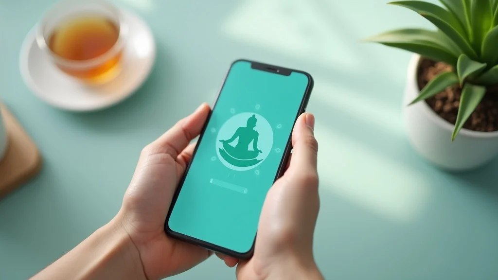Modern smartphone with meditation app for stress relief practices in a peaceful workspace