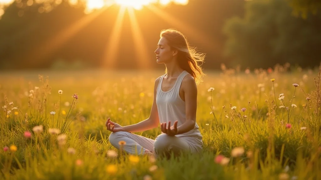 Person practicing grounding for nervous system reset by sitting barefoot on grass in a sunlit field